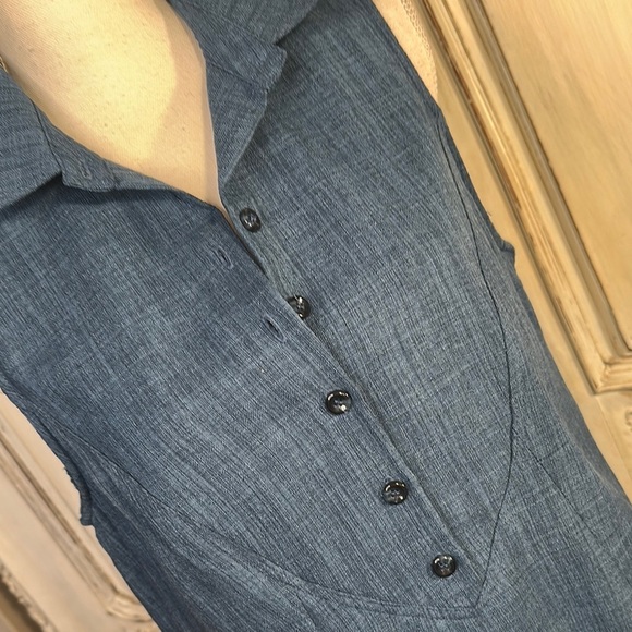 Tahari Sleeveless Linen Look Blue Button-Up Summer Dress - Picture 4 of 10